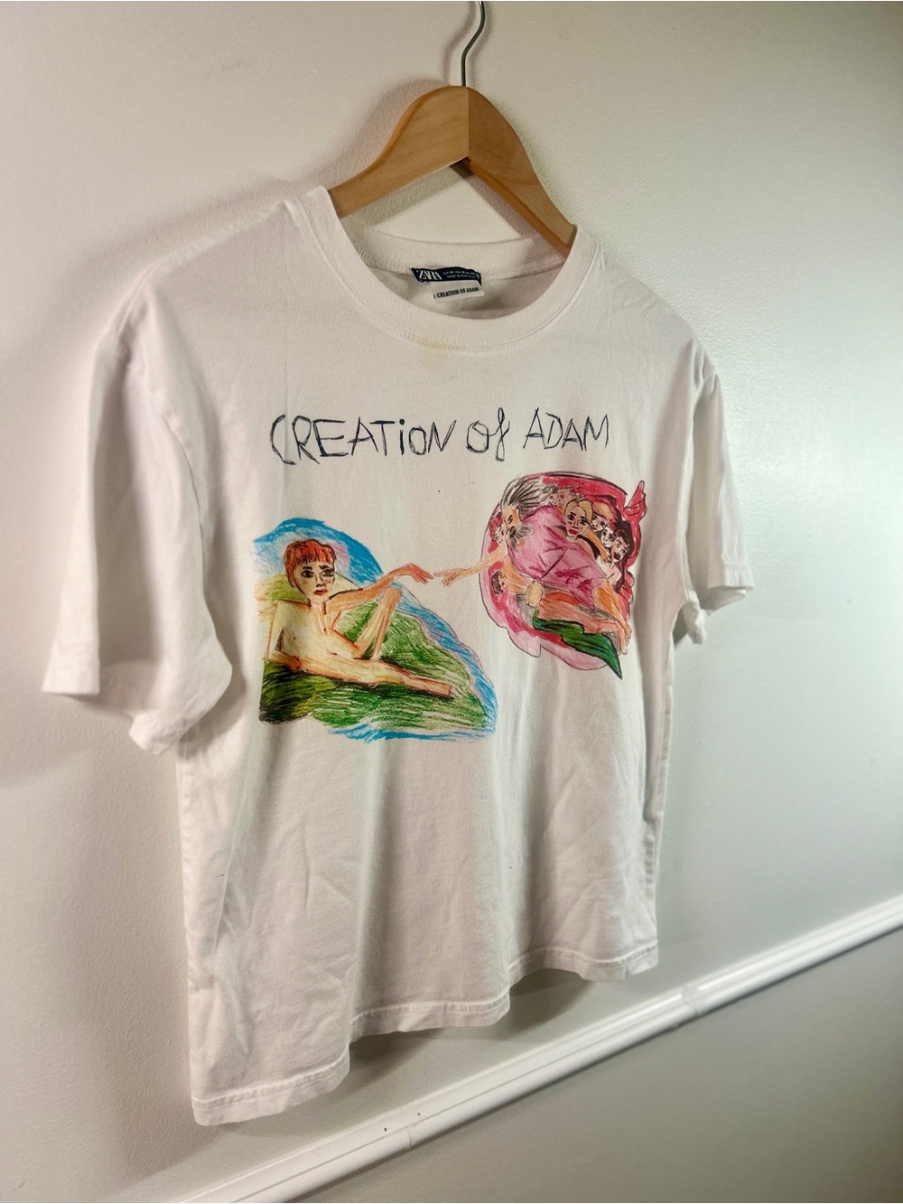 Zara "The Creation of Adam" Graphic Sketch T-Shirt - Size S/M, 100% Cotton Tee